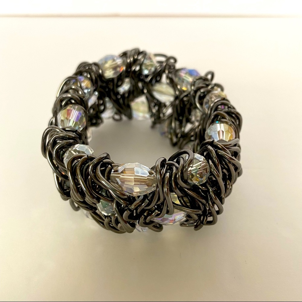 Stretch Bracelet Gunmetal Chain with Faceted Clear Beads